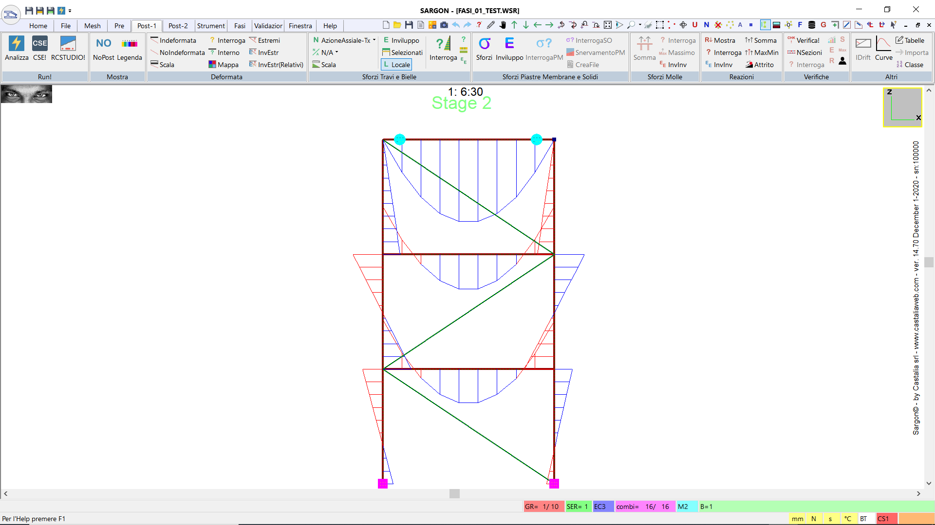 Fase 2. Combinazione con caso 1 e 2. Diagramma di momento flettente.