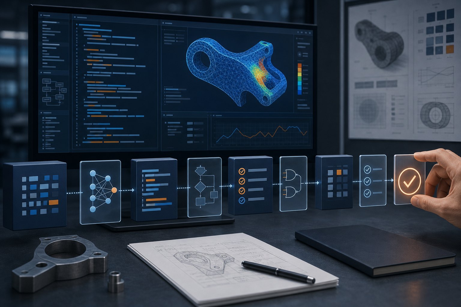 Illustrazione editoriale di sviluppo software ingegneristico con assistenza AI, controlli, test e approvazione umana